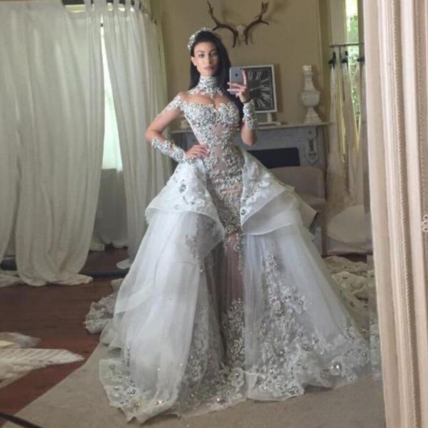 

fantacy luxury crystal wedding dresses with detachable over-skirt high neck long sleeves beaded applique mermaid wedding gowns bridal dress, White