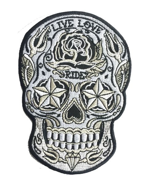 

Wholesale LIVE LOVE RIDE Sugar Skull Embroidered Patch Iron On Jacket Vest Embroider Badge DIY Applique Embroidery Emblem 5" Free Shipping