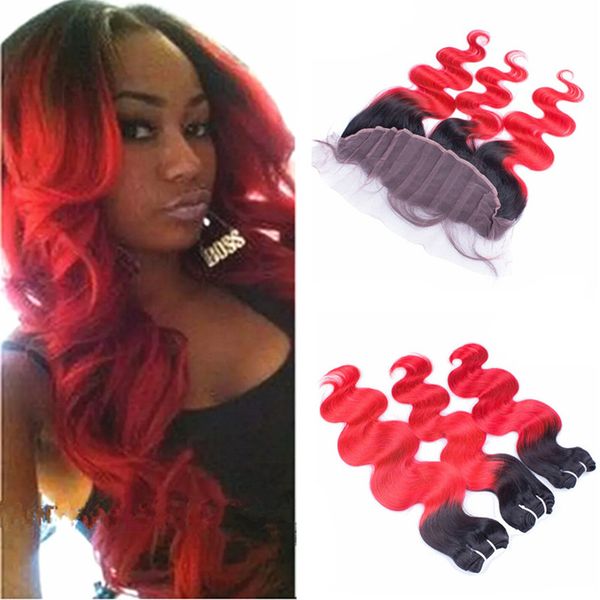 Red Ombre Hair With Frontal Closure Black And Red Dark Root Ombre