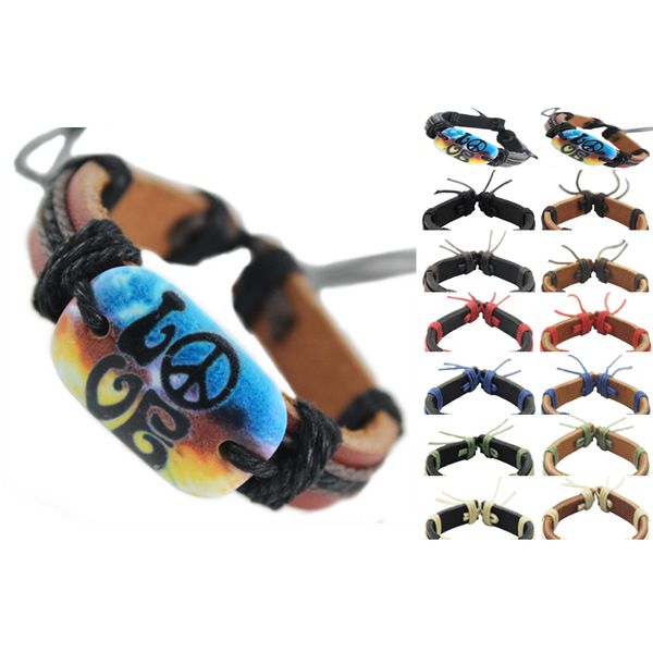 

peace sign love genuine leather bracelet adjustable black brown wholesale lots surfer chain men women handmade wristband bangle hot (DJ043)