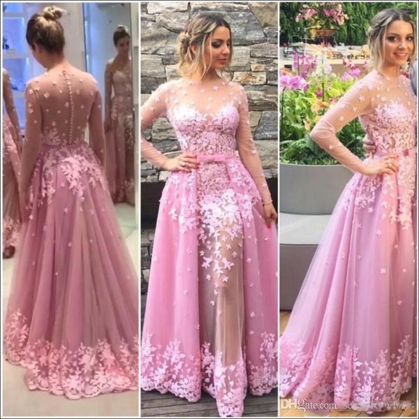 

pink sheer jewel prom dress lace applique illusion long sleeve back covered buttons party dress 2021 overskirts evening dress, Black
