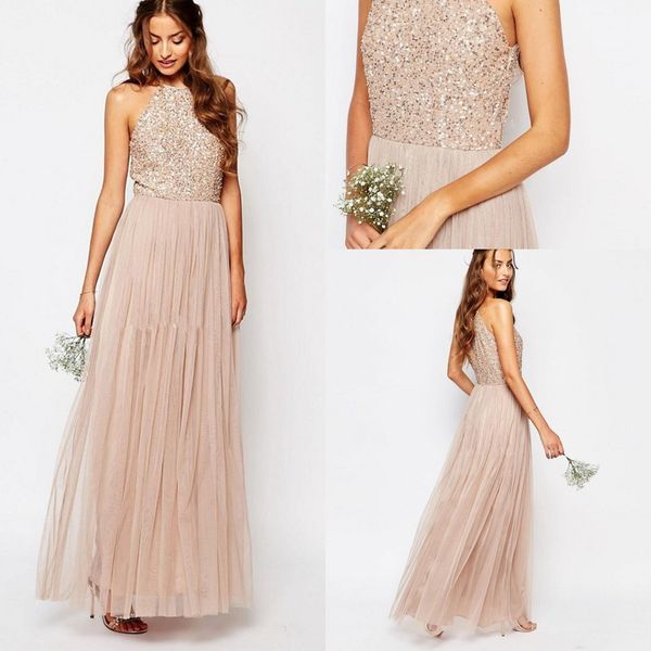 

2017 New Champagne Bohemia Halter Neck Tulle Long Bridesmaid Dresses Sparkly Sequins Wedding Maid of Honor Party Gowns Custom Made, Blue;red