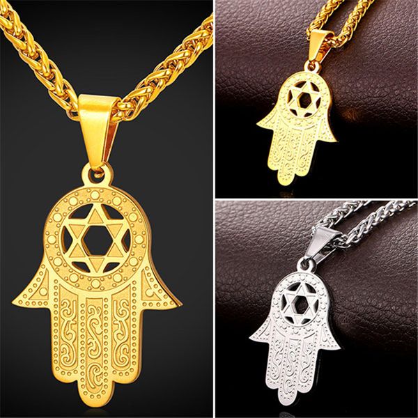 

U7 Star of David in Hamsa Hand Lucky Pendant Necklace Stainless Steel 18K Real Gold Plated Fashion Unisex Jewelry Perfect Gift Accessories