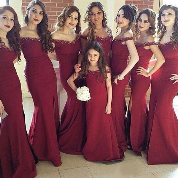 

stunning 2017 burgundy chiffon off the shoulder mermaid bridesmaid dresses long beaded collar side split maid of honor gown en7119, White;pink