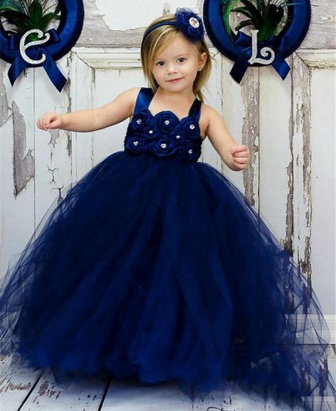 Günstiges marineblaues Ballkleid-Blumenmädchenkleid mit Perlen, 7 Jahre alt, kleine Kleider, Vintage-Festzug-Kleider für Mädchen, einfach