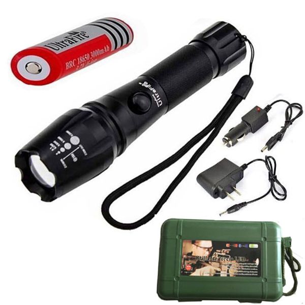 

NEW High Power CREE XM-L T6 2200 Lumens Flashlight E17 CREE LED Zoomable Torch light with 18650 Battery + Car Charger + Charger + Box