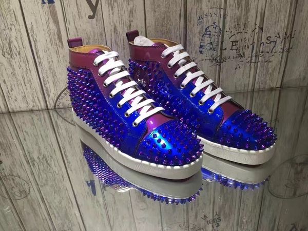 

original box] men shoes red bottom sneaker luxury party wedding shoes,genuine leather louisfalt women spikes lace-up casual flats shoes, Black
