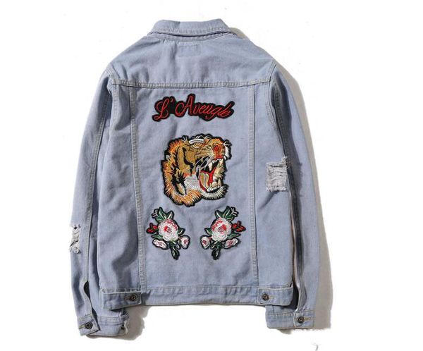 

Tiger Embroidery Ripped Men Women Denim Jackets Fashion Design European Style kanye yeezus Men's Jacket 2 Colors