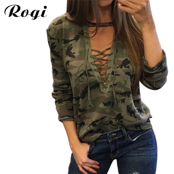 

wholesale- rogi women camouflage print t-shirts 2017 lace up bandage tee shirt femme casual party shirt blusas camisetas mujer, White