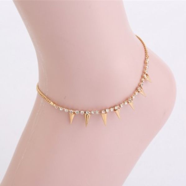 

punk ankle bracelets gold tone rivets tassel rhinestone embellished anklet chain foot chains barefoot beach sandals gothic girls anklets, Red;blue