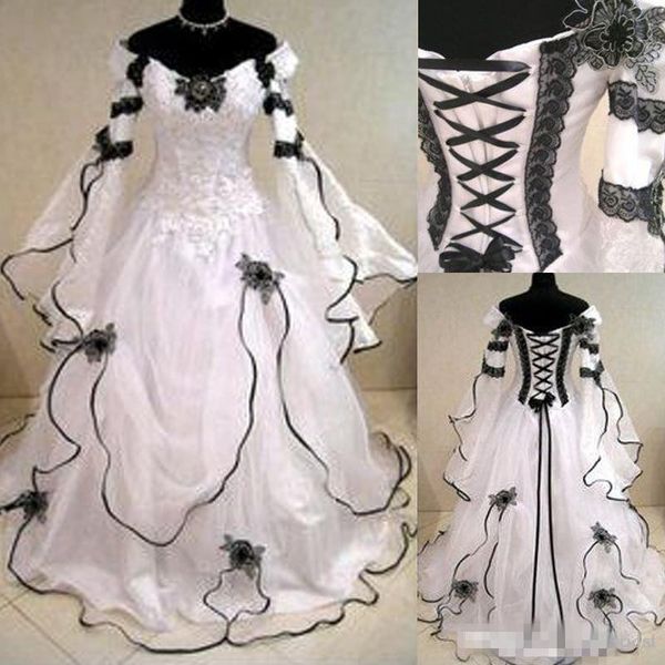 

2019 vintage plus size gothic a line wedding dresses with long sleeves black lace corset back chapel train bridal gowns for garden country, White