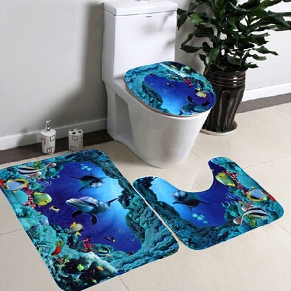 

wholesale- 3 pcs/ set bathroom non-slip blue ocean style pedestal rug + lid toilet cover + bath mat happy gifts material