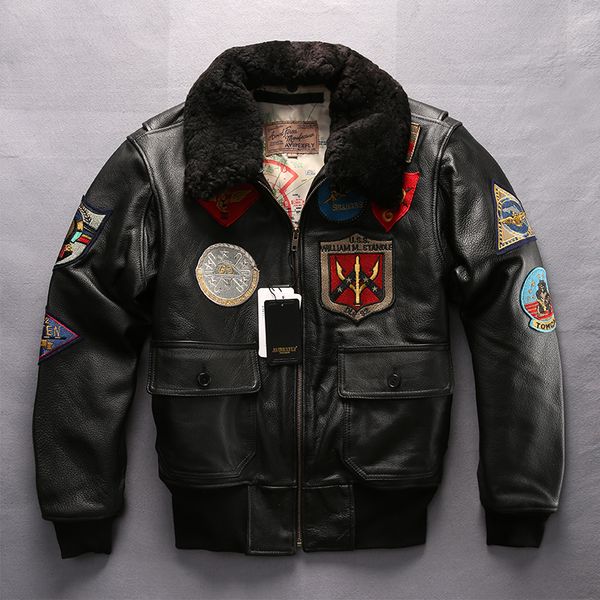 

2018 avirexfly cow leather jacket with patch designs a2 flight bomber jackets lamb fur collar, Black