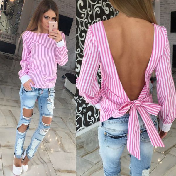 

blouse backless office lady woman pink striped halter bandage big bowknot lantern sleeve box pleated peplum elegant long sleeve blouse, White