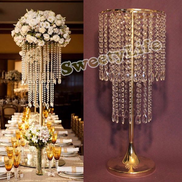 Best 62cmh Wedding Crystal Table Centerpiece Gold Flower Stand 62cm H Wedding Crystal Table Centerpiece Gold Flower Stand Chandelier 10pcs Lot