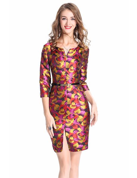 

fashion print women sheath dress with belt split dresses 10hy042, Black;gray