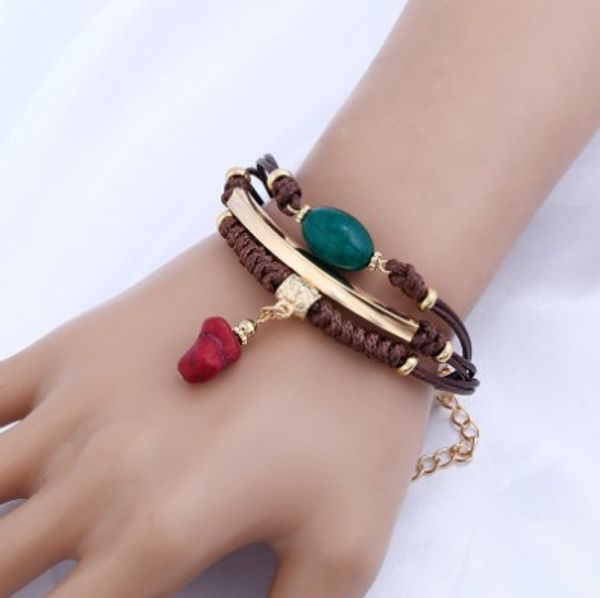 

vintage wrap bracelets handmade wax turquoise pendant wooden beads wrap bracelets fashion gifts for girls woven bracelets, Golden;silver