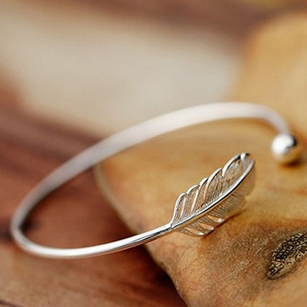 

silver plated copper bracelets for women feather bracelets adjustable opening bracelets fashion bangles jewelry gift, Black