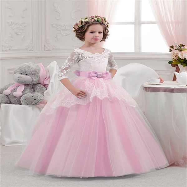 

brand new flower girl dresses with sleeve v-back little girls kid/child dress princess party pageant communion dress for wedding, White;blue