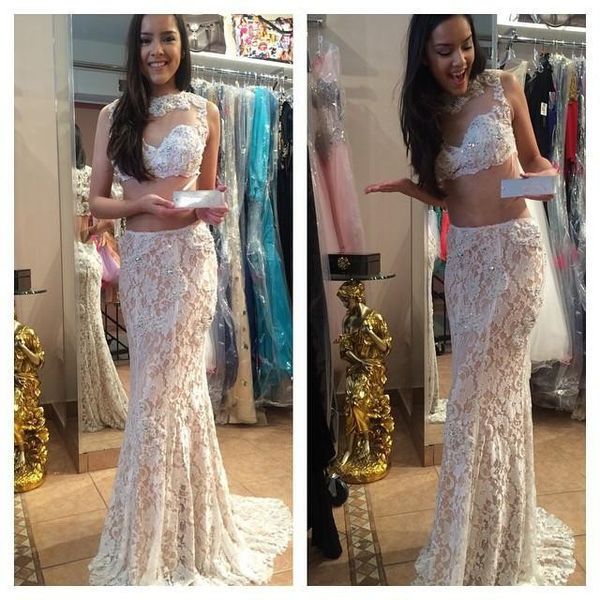 

custom madetwo pieces prom dress halter lace beaded evening dress see through mermaid party dress high quality, Black