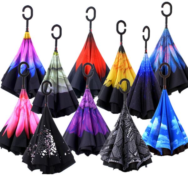 

Creative inverted hade umbrella double layer with c handle in ide out rever e windproof colorful rainy unny beach umbrella 28wf kk