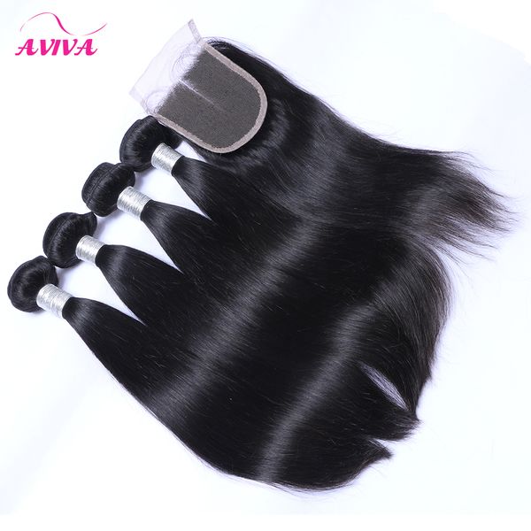 5 pcs Lot Grau 8A Não Transformado Virgem Malaio Cabelo Reta com Fechamento Barato 4 Bundles Cabelo Virgem Malásia Straight com Fechamentos de Laço