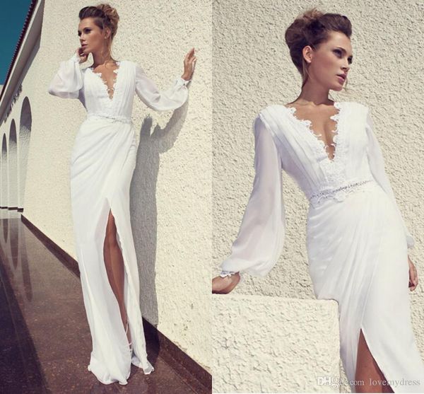 Vestido de casamento branco de manga longa elegante rendas de divisão design simples barato Bridla vestido de praia vestidos de alta qualidade Formal Wear