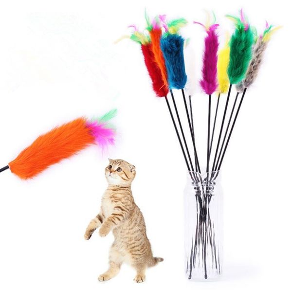 

rabbit furs pet cat toys cat teaser wand toys pet dog cat feather playing toys with bell elasastic products supplier