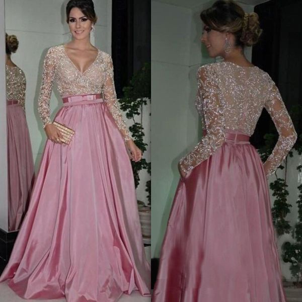 Elegante Com Decote Em V Mãe do Vestido de Noiva Faísca Lantejoulas Rendas Apliques Saudita Árabe Vestidos de Festa de Casamento Charme A Linha de Cetim Vestido de Noite