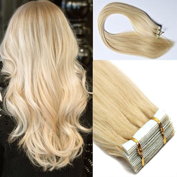 

selling remy human hair extensions 20pcs pu skin weft tape in hair extensions sliky straight #613 bleach blonde, Black