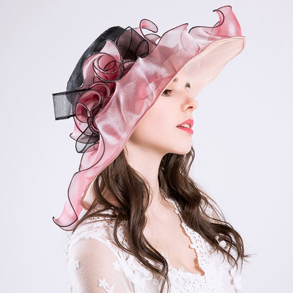 

retail elegant pink fine gauze large brim hat party church wedding hats fashion hat sun hats 6 colors, Blue;gray