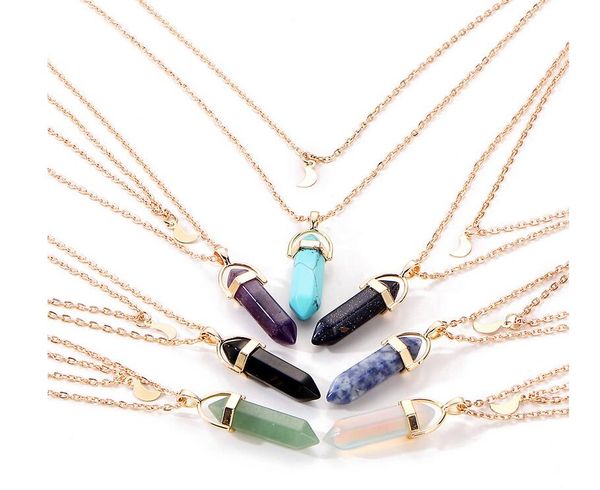 

natural stone glass hexagon column neck chain double moon bullet pendant necklace, Silver