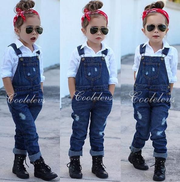 

wholesale- 2016 fashion girl's clothing set for spring children set baby girl denim suit cotton long sleeve shirt+denim bib pants/jeans, White