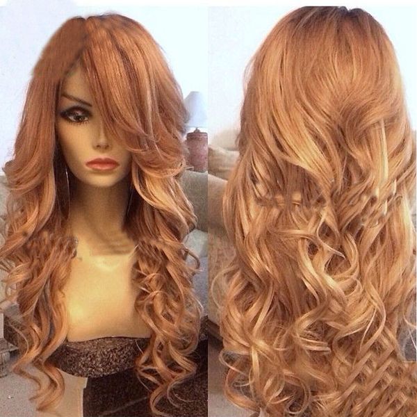 

honey blonde full lace wig human hair loose wave virgin brazilian wavy lace front human hair wig with bangs & baby hair color #27, Black;brown