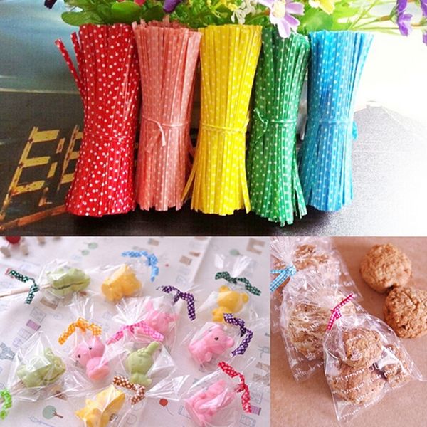 

wholesale-100pcs/pack candy color dot print twist ties wire for cake pops sealing cello bags lollipop gifts packgae
