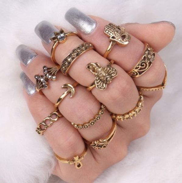 

gothic elephant above knuckle ring sets antique silver/gold big hand fake gemstone stacking rings