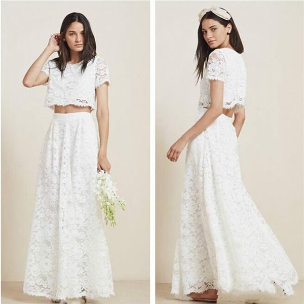 

пляжные свадебные платья в стиле богемии из двух частей a-line scoop декольте с коротким рукавом до щиколотки кружева свадебные платья новый, White