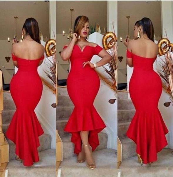 

dubai red mermaid evening cocktail party dresses off shouler long prom dresses hi-lo african arabic women plus size gowns, Black;red