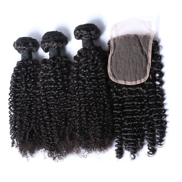 

afro kinky curl brazilian hair bundles with closure human hair weaves closure 4x4 part natural color 1b black, Black;brown