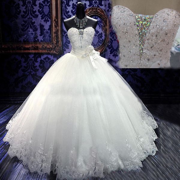

sparkly crystals ball gown wedding dress sweetheart sleeveless sequins tulle lace appliques full length bridal gowns with corset back, White
