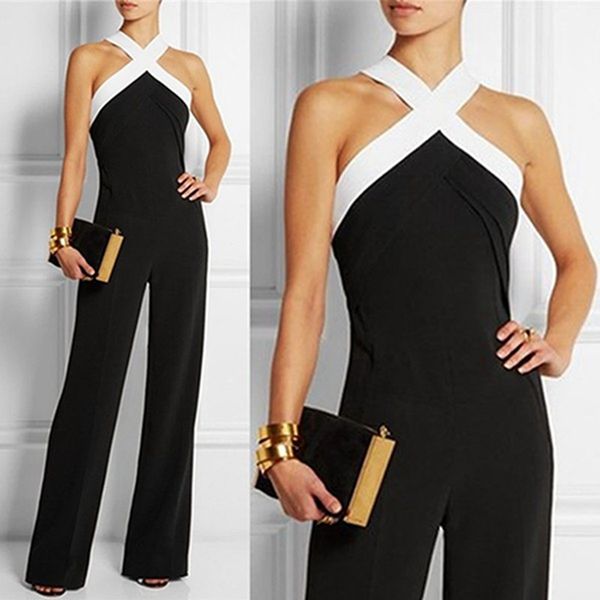 

long women jumpsuits 2019 summer plus size pants halter neck off shoulder sleeveless rompers casual playsuit lady overalls, Black;white