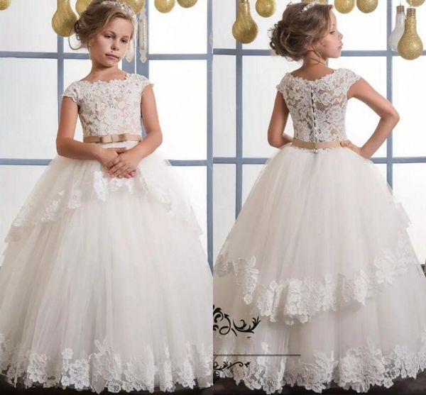 

ivory lace flower girl dresses for weddings cap sleeves champagne sash puffy gown first communion dresses flower girl dress for weddings, White;blue