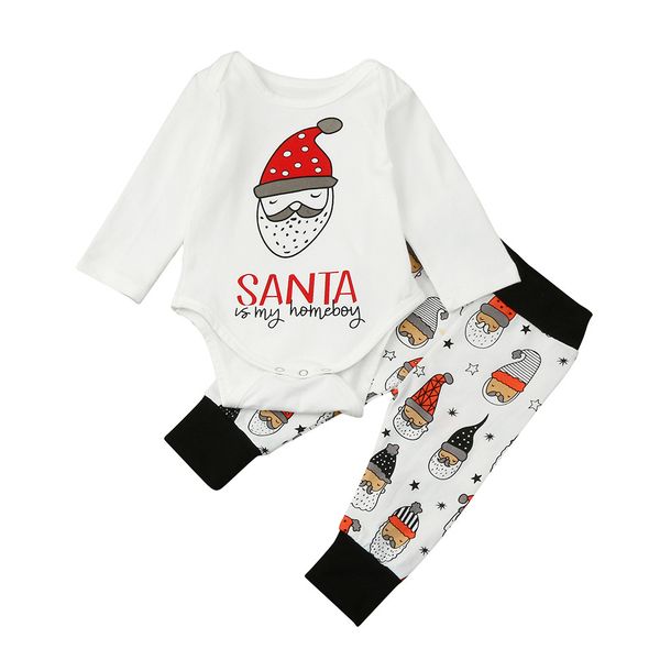 

new baby clothes baby christmas clothing sets "santa is my homeboy" letter print bodysuit romper +pants 2pcs sets outfits kids clo, White