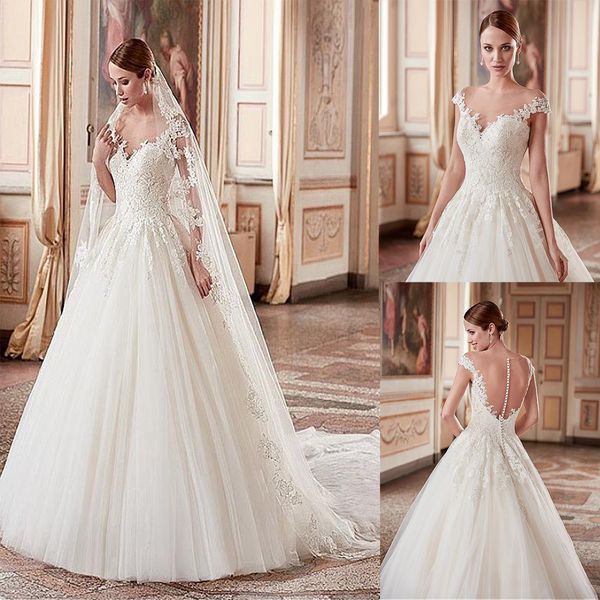 

tulle & satin sheer v-neckline a-line wedding dresses with lace appliques illusion back bridal dresses vestido de noiva, White