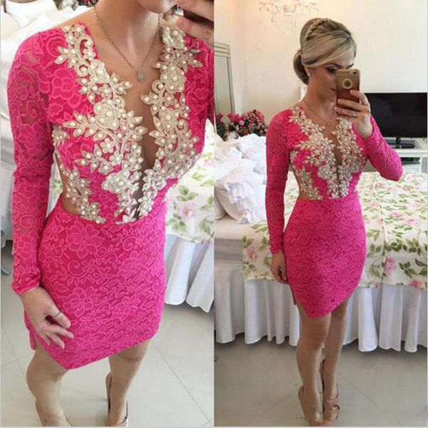 Laço rosa quente vestido de festa curto com apliques grânulos profundos v pescoço mangas compridas vestidos de baile bainha Cocktail Formal Wear Barato