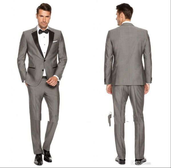 2016 Custom Grey Mens Ternos Lapela Preta Slim Fit Ternos de Casamento para Noivo / Groomsmen Prom Ternos Casuais (Jacket + Pantst + Gravata borboleta)