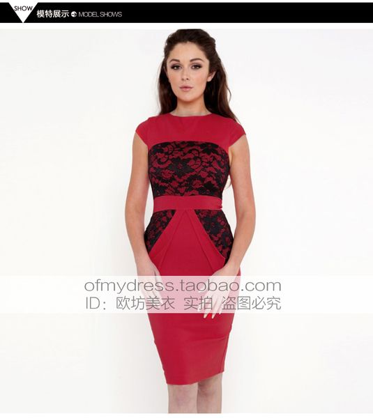 

new arrival european women lace pencil dress patchwork o-neck short-sleeved knee-length empire knitting bodycon dress red, Black;gray