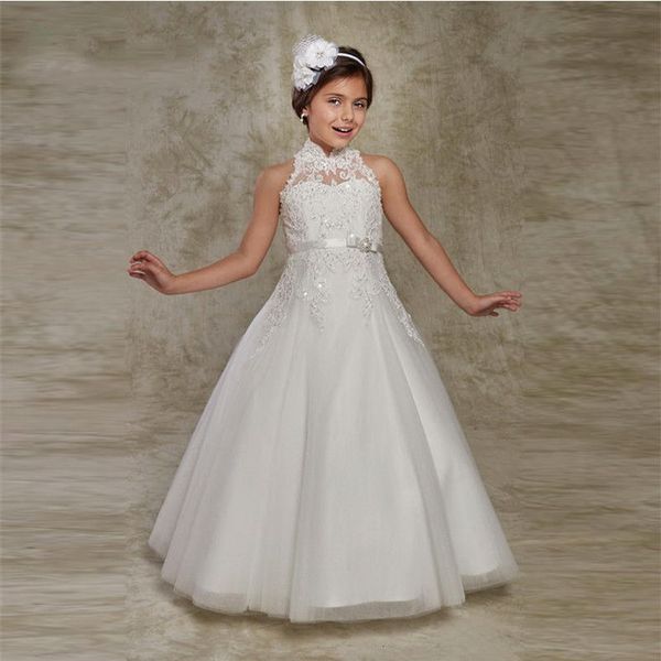

White Puffy Flower Girl Dresses First Communion Dresses for Girls Beaded Applique Kids Evening Gowns Hot Sale vestido longo