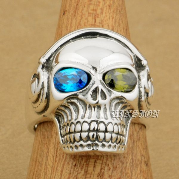 

linsion blue + green cz eyes 925 sterling silver dj skull studio music headphone mens boys biker rock punk ring 8y611 us size 7 to 15, Golden;silver
