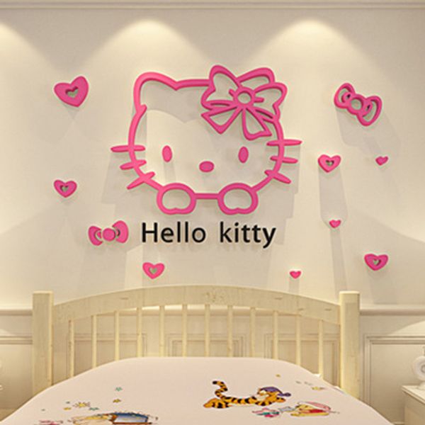 Diy Hello Kitty 3d Stereoscopic Wall Stickers For Kids Rooms Acrylic Crystal Cartoon Bedroom Background Wall Decoration Vinyl Wall Decals Vinyl Wall
